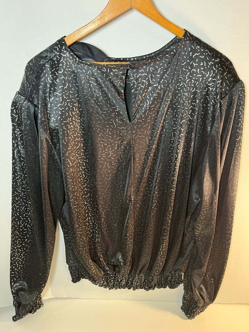 Westbound Blouse Size 16 Black Silver Metallic Print Smocked Hem Long Sleeve 80s